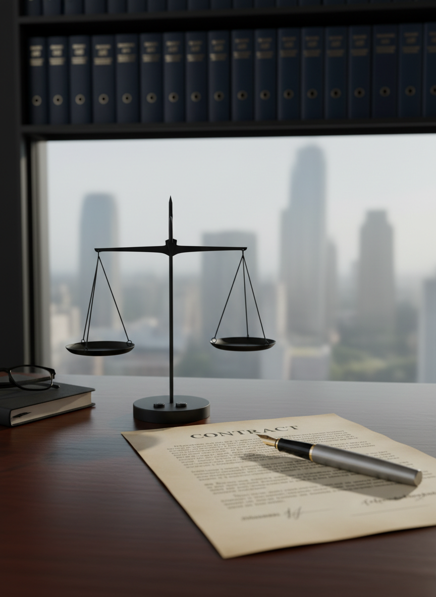 A polished dark-wood legal desk meticulously arranged with an open, elegantly typeset contract, a heavy brushed-steel fountain pen, and a pair of minimalist black scales of justice as the focal object. Behind them, a wall of neatly organized dark blue legal binders and a subtle frosted-glass panel with an abstract city skyline suggest a modern law office. Soft daylight enters from an unseen window to the left, creating crisp yet gentle shadows and a calm, analytical atmosphere. Photographic realism with an eye-level composition and shallow depth of field keeps the scales of justice in sharp focus while the background dissolves into a professional, trustworthy blur.