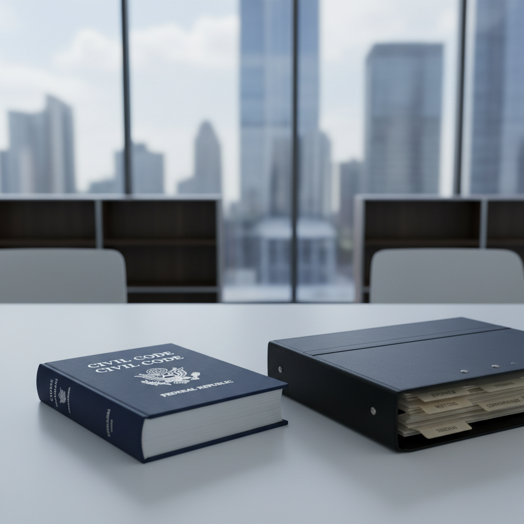 A close-up, photographic view of a thick, navy-blue civil code book with silver-embossed lettering resting on a pristine, matte white conference table. Beside it lies a structured, leather-bound case file folder with neatly tabbed sections visible at the edge. In the softly blurred background, a glass wall reveals an abstracted cityscape and the faint silhouette of minimalist bookshelves, all empty of people. Cool, diffused afternoon light from large windows creates a balanced, neutral tone, emphasizing clarity and precision. Shot at a slightly elevated angle with clean, modern composition, the image conveys professionalism, strategic thinking, and meticulous legal preparation.