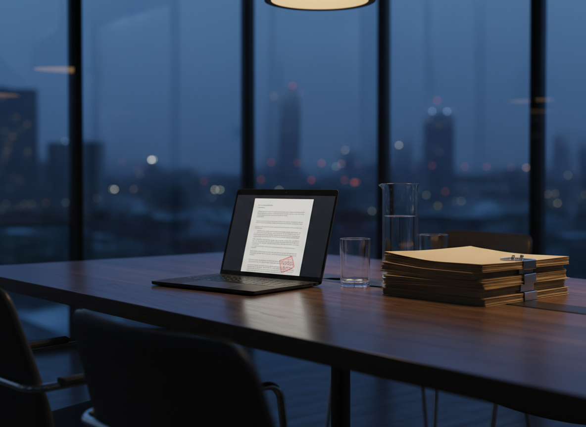 A conference table scene in photographic realism, showing only meticulously arranged objects: a slender, matte-black laptop displaying a blurred legal document, a neat stack of organized case files secured with a steel clip, and a minimalist glass carafe of water with two empty tumblers. The table itself is dark walnut with a subtle grain, set in a glass-walled meeting room overlooking an out-of-focus urban skyline at dusk. Cool blue ambient light from outside contrasts with warm, focused pendant lighting above, casting controlled highlights along the table’s edge. Captured from one corner of the table with a shallow depth of field, the mood is strategic, focused, and solution-oriented.