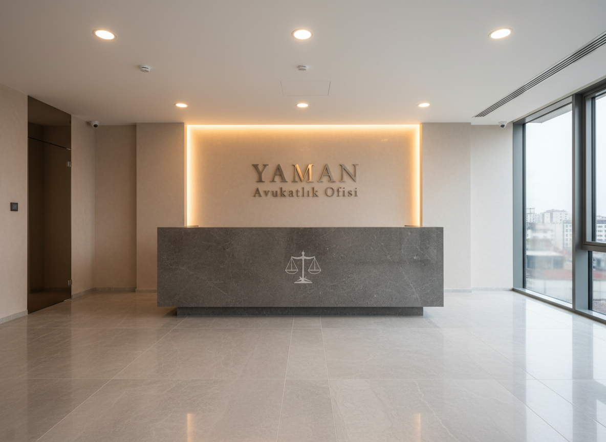 A sleek, contemporary law firm reception area without any people, featuring a floating dark-stone reception counter with a subtle, engraved scales-of-justice emblem on its front. Behind it, a backlit wall in warm neutral tones displays the text “YAMAN Avukatlık Ofisi” in refined metallic letters. The floor is polished light-gray stone, reflecting the gentle glow of recessed ceiling lights. Natural daylight filters through a large window to the right, mixing with the warm interior lighting to create a welcoming yet authoritative mood. Photographic realism from an eye-level, wide-angle perspective highlights the openness, transparency, and trust-focused design of the space.