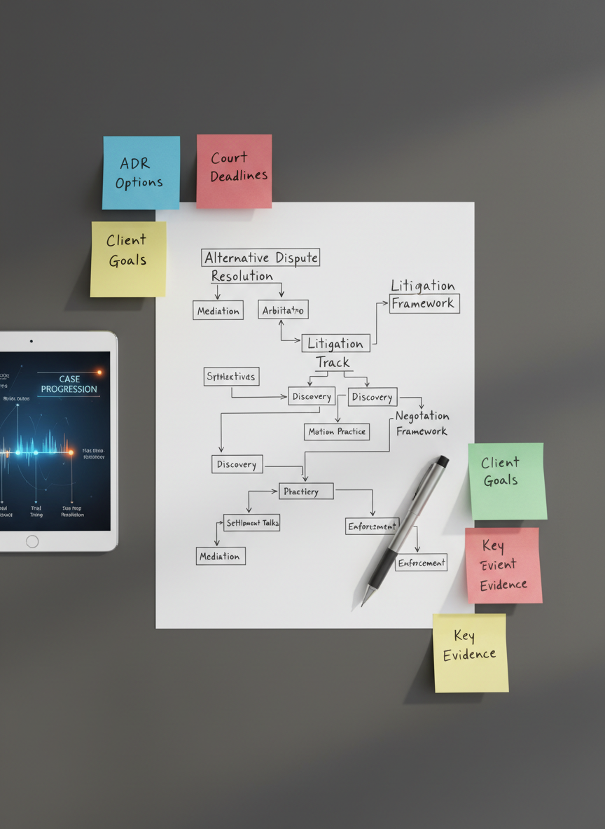 An overhead, photographic view of a structured legal strategy layout on a smooth, charcoal-gray desk surface. A large, white sheet of paper in the center is filled with neatly drawn flowcharts and arrows representing alternative dispute resolution paths, litigation steps, and negotiation strategies. Around it lie color-coded sticky notes, a stainless-steel mechanical pencil, and a slim digital tablet showing a stylized legal timeline. Soft, even daylight from above eliminates harsh shadows, emphasizing clarity and systematic thinking. The composition is meticulously organized yet dynamic, conveying a results-driven, strategic approach to resolving disputes beyond just courtroom litigation.