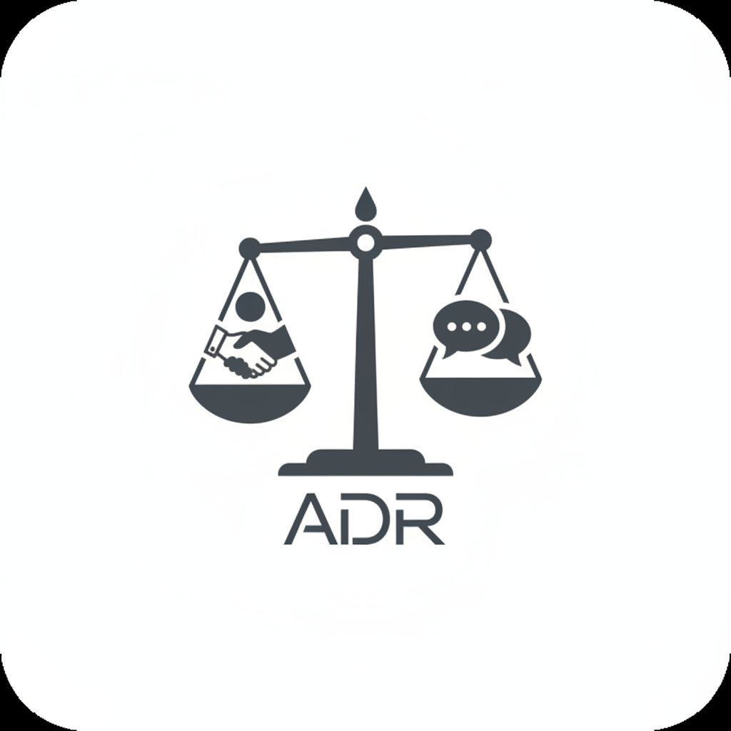 Minimal, tek renkli, kurumsal bir ikon: iki tarafın el sıkışması veya konuşma balonlarıyla birlikte adalet terazisi, hukuki alternatif uyuşmazlık çözüm yöntemlerini temsil eden sade bir logo. Küçük kare logo olarak kullanılacak.